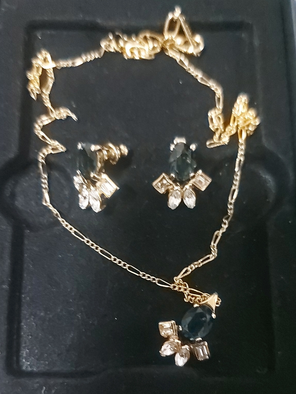 Gold-Plated Green Crystal Pendant Necklace & Earring Set Stamped D Orlan